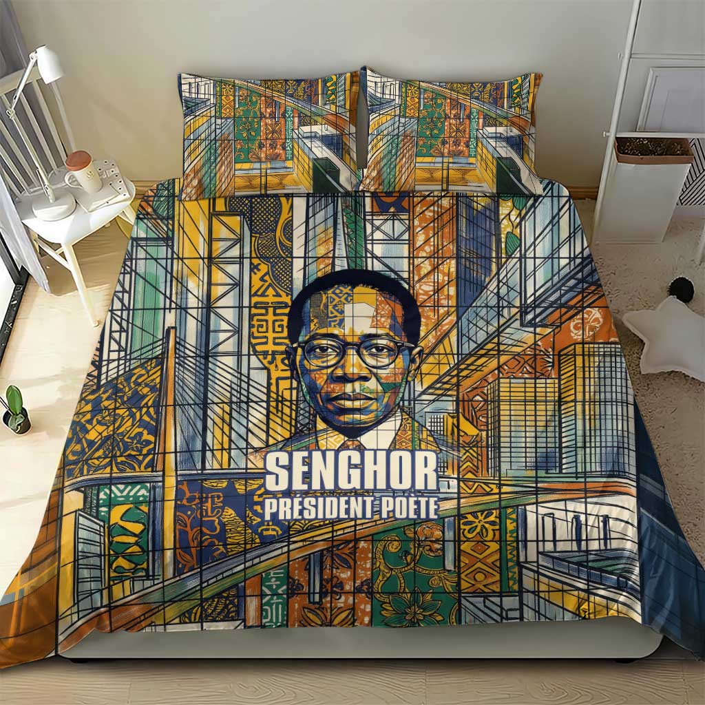 Léopold Sédar Senghor Bedding Set President Poete Portrait Futuristic African Robotic Handshake Earth and Flowers Unity - African Pride