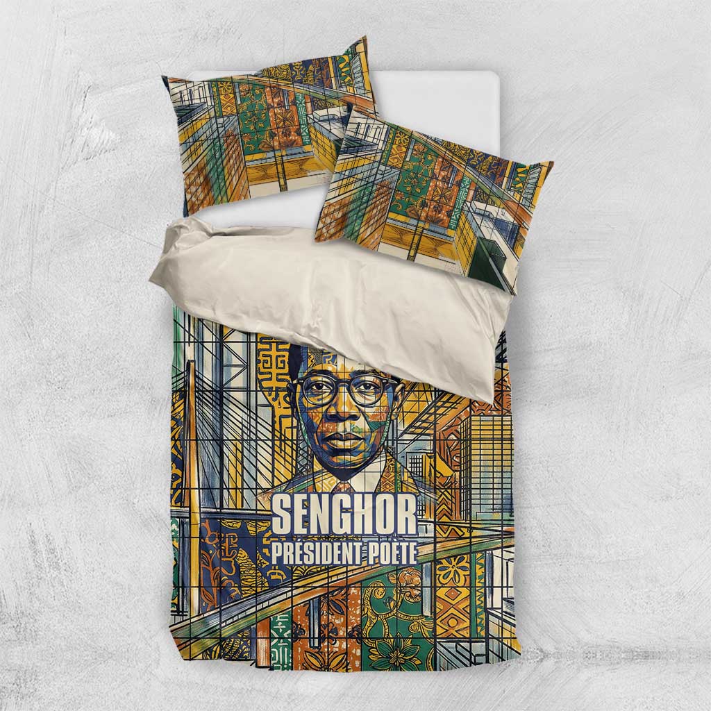 Léopold Sédar Senghor Bedding Set President Poete Portrait Futuristic African Robotic Handshake Earth and Flowers Unity - African Pride