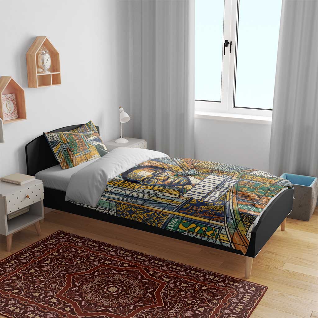 Léopold Sédar Senghor Bedding Set President Poete Portrait Futuristic African Robotic Handshake Earth and Flowers Unity - African Pride