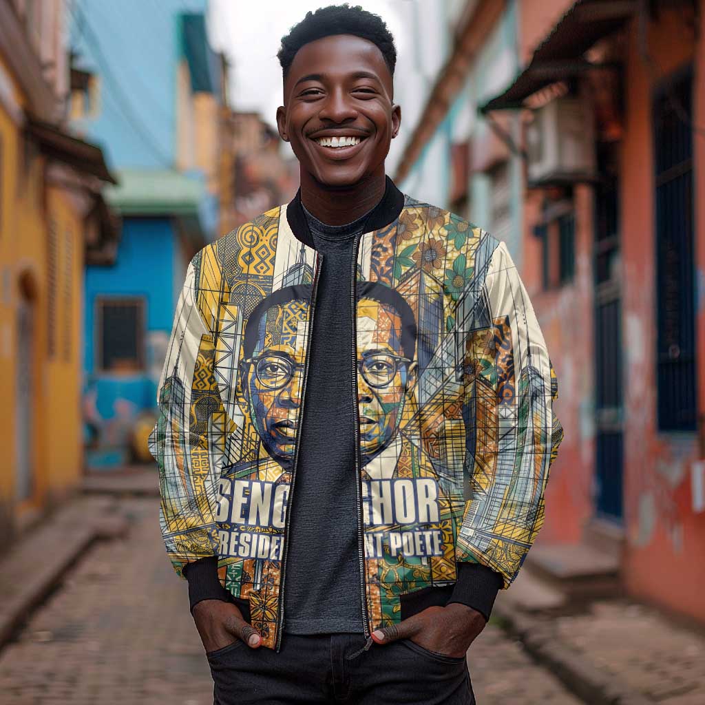Léopold Sédar Senghor Bomber Jacket President Poete Portrait Futuristic African Robotic Handshake Earth and Flowers Unity - African Pride