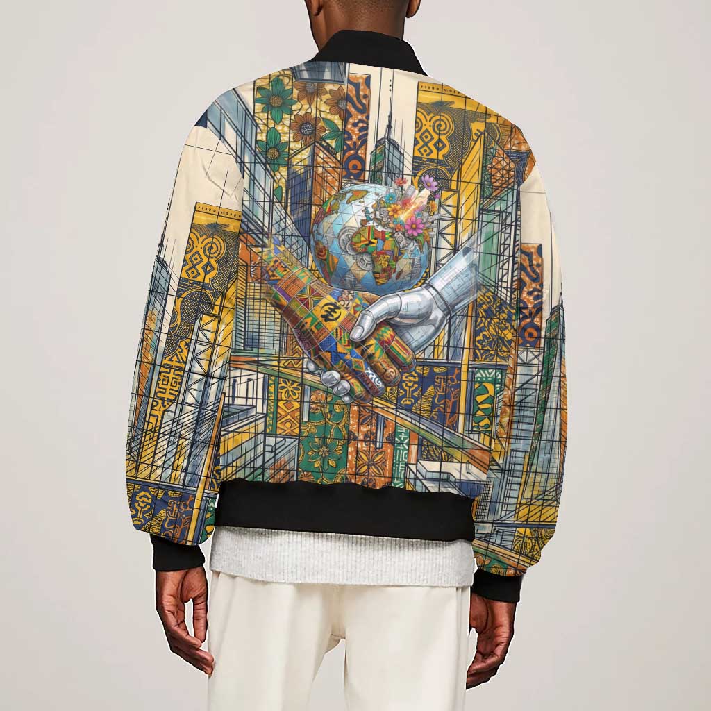 Léopold Sédar Senghor Bomber Jacket President Poete Portrait Futuristic African Robotic Handshake Earth and Flowers Unity - African Pride