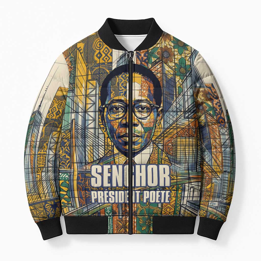 Léopold Sédar Senghor Bomber Puffer Jacket President Poete Portrait Futuristic African Robotic Handshake Earth and Flowers Unity - African Pride