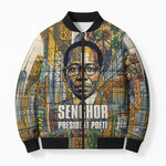 Léopold Sédar Senghor Bomber Puffer Jacket President Poete Portrait Futuristic African Robotic Handshake Earth and Flowers Unity - African Pride