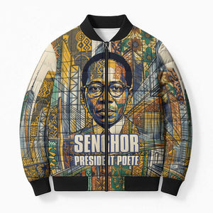 Léopold Sédar Senghor Bomber Puffer Jacket President Poete Portrait Futuristic African Robotic Handshake Earth and Flowers Unity - African Pride