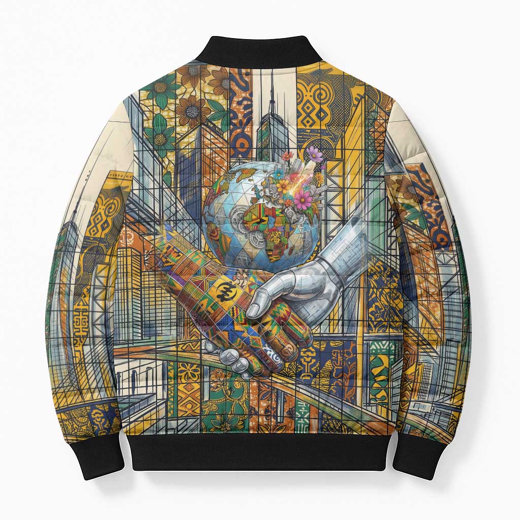 Léopold Sédar Senghor Bomber Puffer Jacket President Poete Portrait Futuristic African Robotic Handshake Earth and Flowers Unity - African Pride