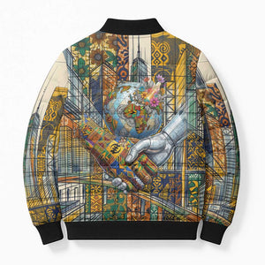 Léopold Sédar Senghor Bomber Puffer Jacket President Poete Portrait Futuristic African Robotic Handshake Earth and Flowers Unity - African Pride