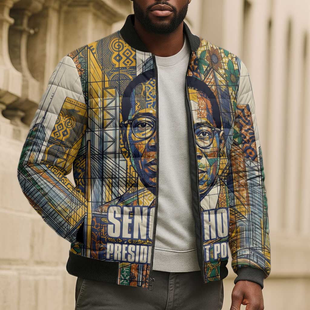 Léopold Sédar Senghor Bomber Puffer Jacket President Poete Portrait Futuristic African Robotic Handshake Earth and Flowers Unity - African Pride