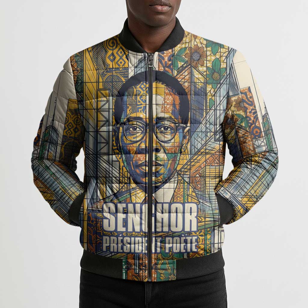 Léopold Sédar Senghor Bomber Puffer Jacket President Poete Portrait Futuristic African Robotic Handshake Earth and Flowers Unity - African Pride