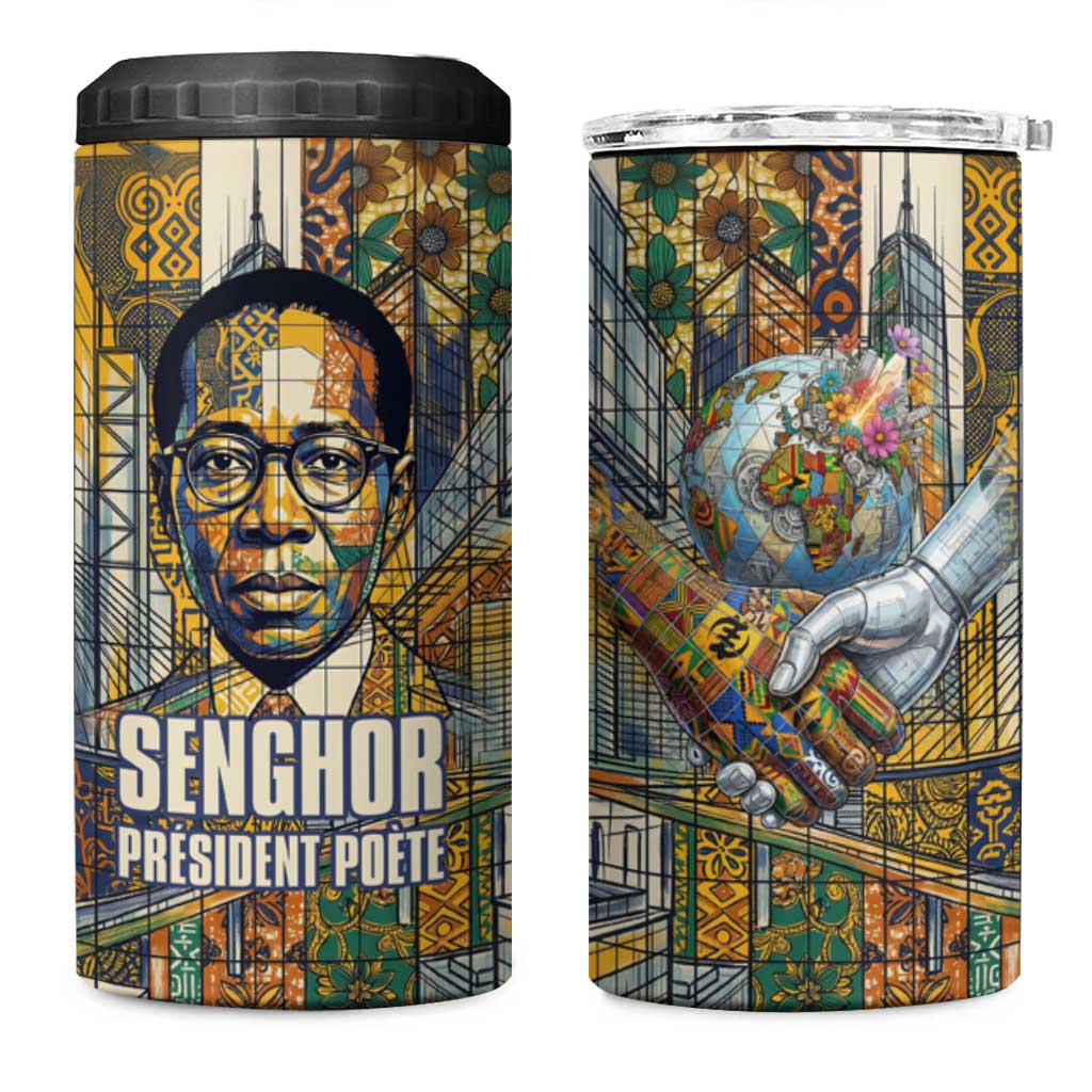 Léopold Sédar Senghor 4 in 1 Can Cooler Tumbler President Poete Portrait Futuristic African Robotic Handshake Earth and Flowers Unity - African Pride