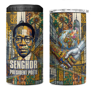 Léopold Sédar Senghor 4 in 1 Can Cooler Tumbler President Poete Portrait Futuristic African Robotic Handshake Earth and Flowers Unity - African Pride