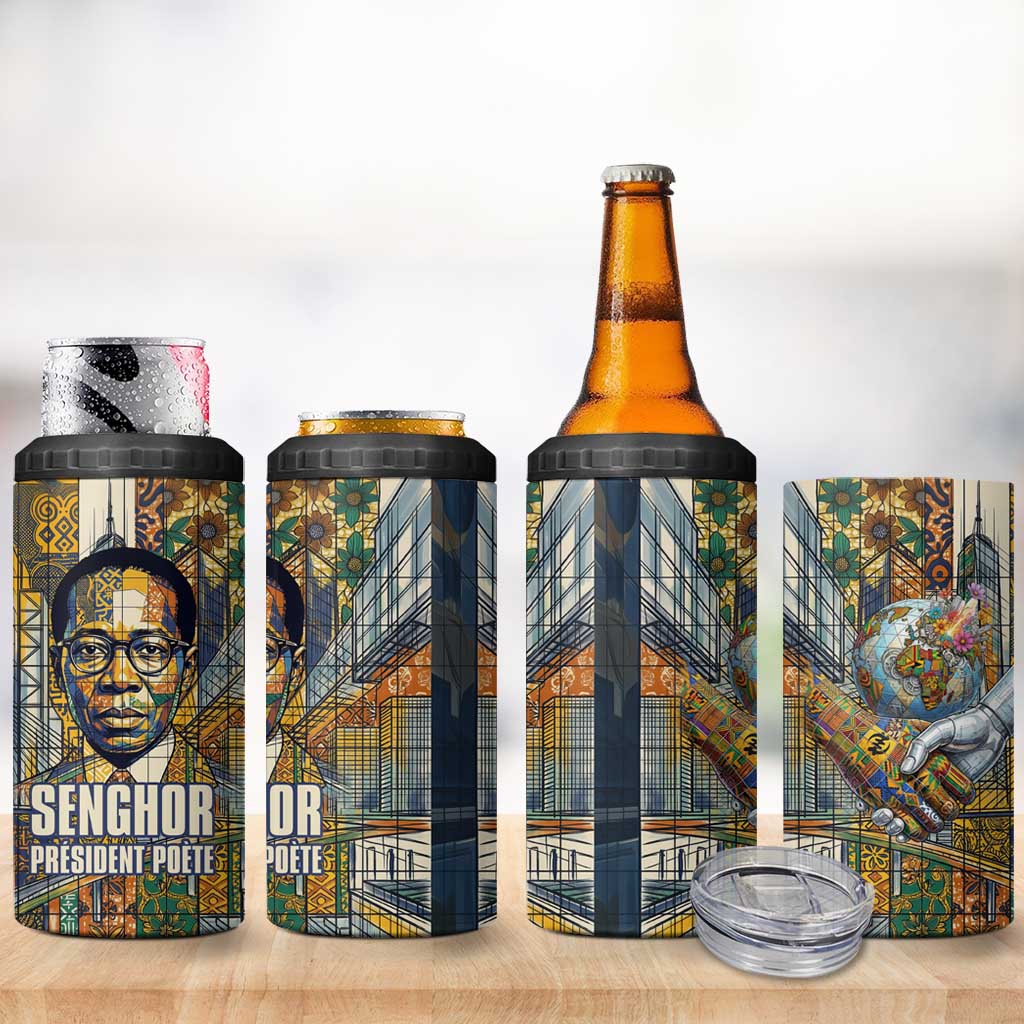 Léopold Sédar Senghor 4 in 1 Can Cooler Tumbler President Poete Portrait Futuristic African Robotic Handshake Earth and Flowers Unity - African Pride