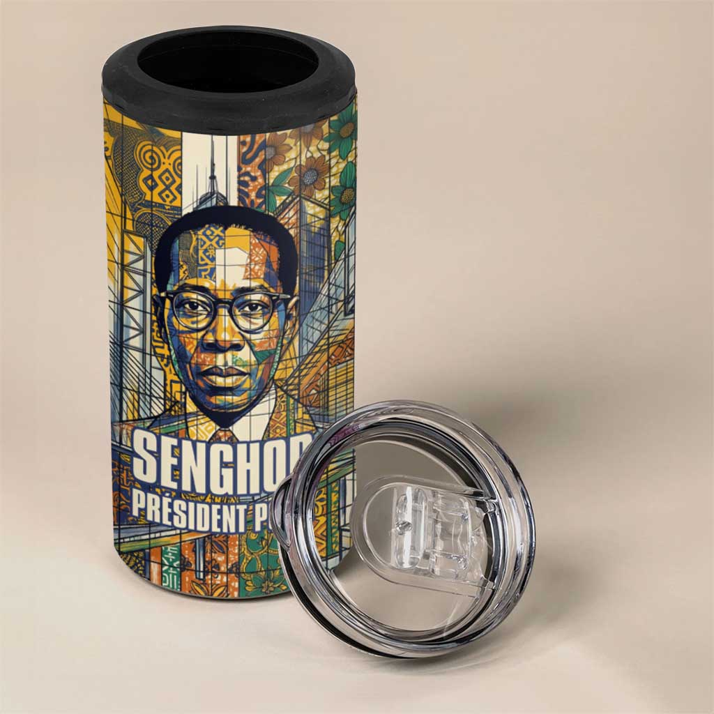 Léopold Sédar Senghor 4 in 1 Can Cooler Tumbler President Poete Portrait Futuristic African Robotic Handshake Earth and Flowers Unity - African Pride