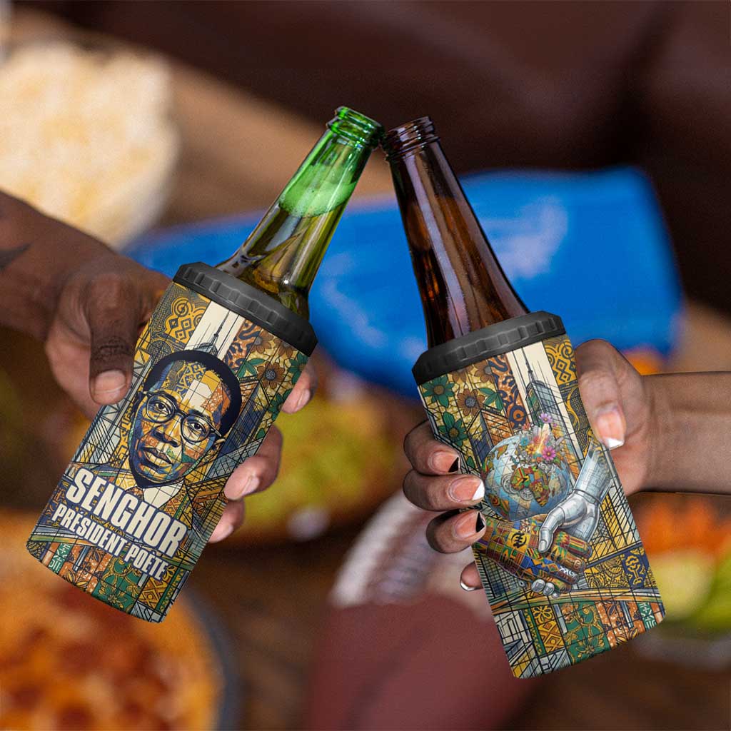 Léopold Sédar Senghor 4 in 1 Can Cooler Tumbler President Poete Portrait Futuristic African Robotic Handshake Earth and Flowers Unity - African Pride