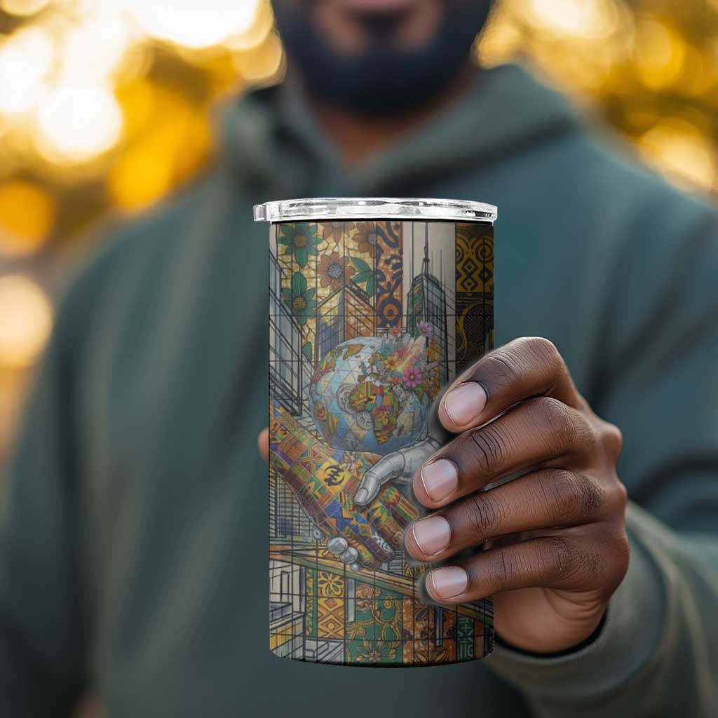 Léopold Sédar Senghor 4 in 1 Can Cooler Tumbler President Poete Portrait Futuristic African Robotic Handshake Earth and Flowers Unity - African Pride