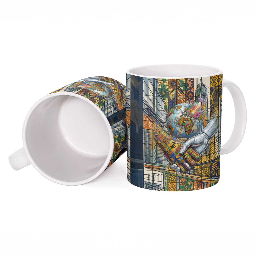 Léopold Sédar Senghor Ceramic Mug President Poete Portrait Futuristic African Robotic Handshake Earth and Flowers Unity - African Pride