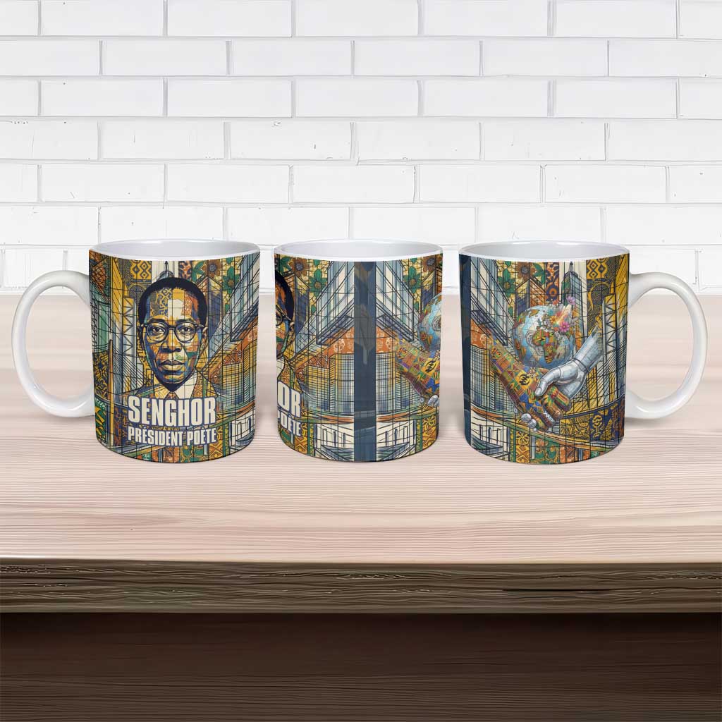 Léopold Sédar Senghor Ceramic Mug President Poete Portrait Futuristic African Robotic Handshake Earth and Flowers Unity - African Pride
