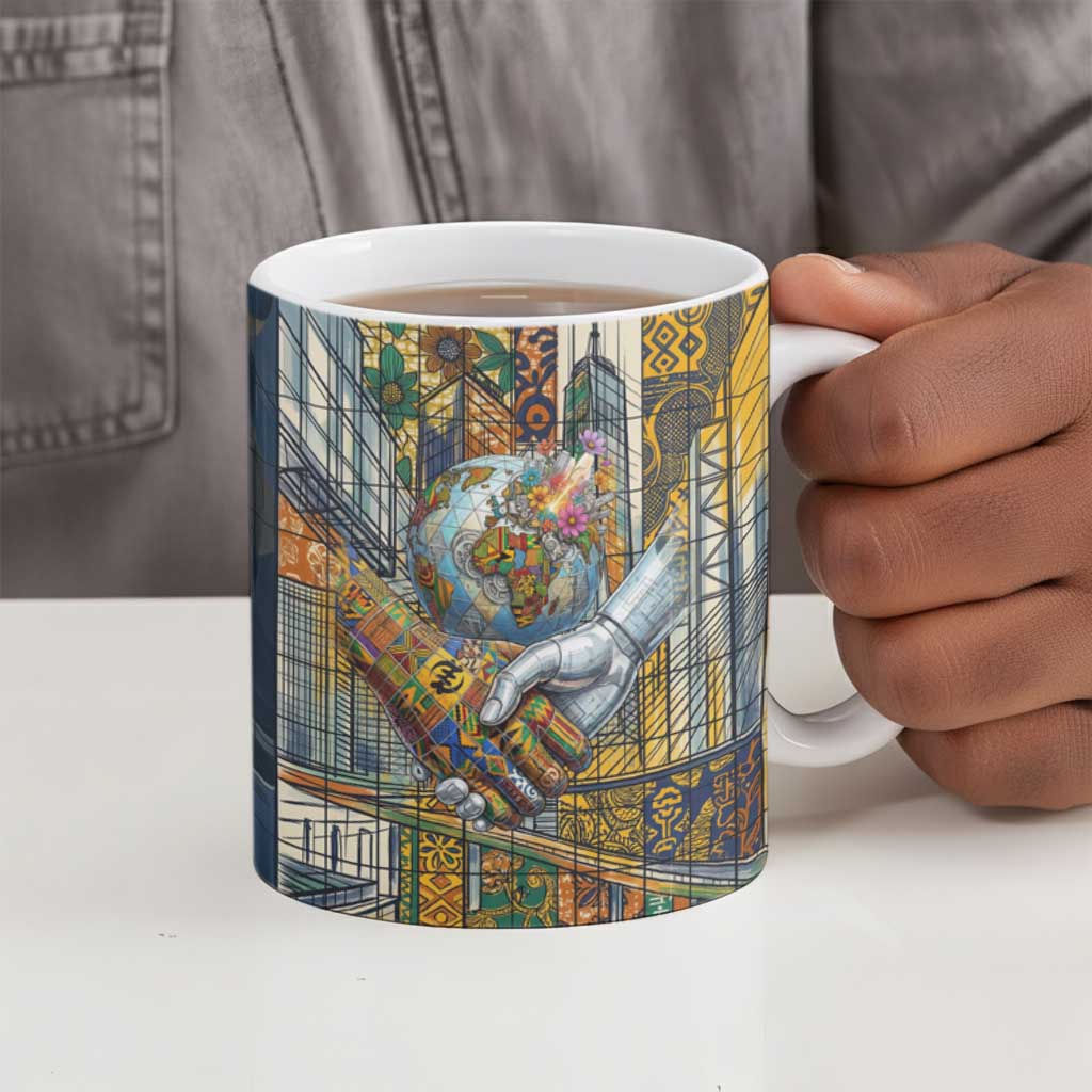 Léopold Sédar Senghor Ceramic Mug President Poete Portrait Futuristic African Robotic Handshake Earth and Flowers Unity - African Pride