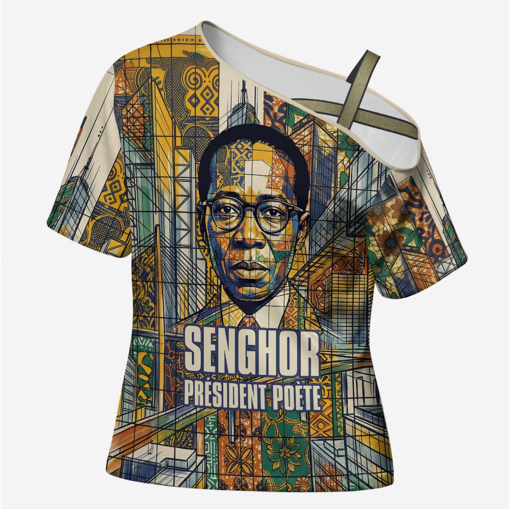Léopold Sédar Senghor Cross Shoulder Shirt President Poete Portrait Futuristic African Robotic Handshake Earth and Flowers Unity - African Pride