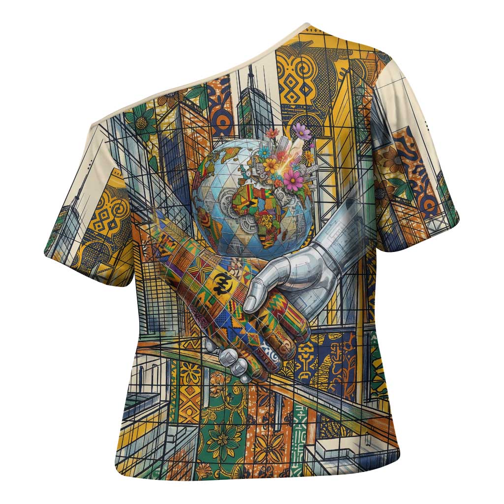 Léopold Sédar Senghor Cross Shoulder Shirt President Poete Portrait Futuristic African Robotic Handshake Earth and Flowers Unity - African Pride
