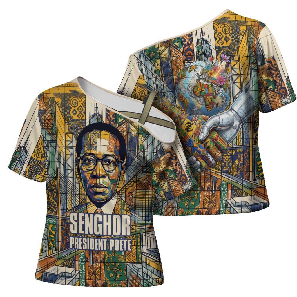 Léopold Sédar Senghor Cross Shoulder Shirt President Poete Portrait Futuristic African Robotic Handshake Earth and Flowers Unity - African Pride