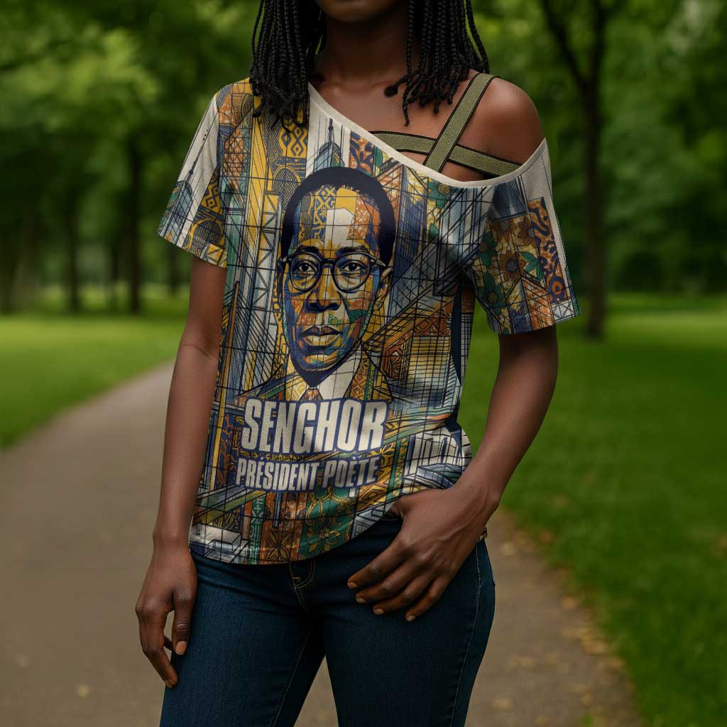 Léopold Sédar Senghor Cross Shoulder Shirt President Poete Portrait Futuristic African Robotic Handshake Earth and Flowers Unity - African Pride