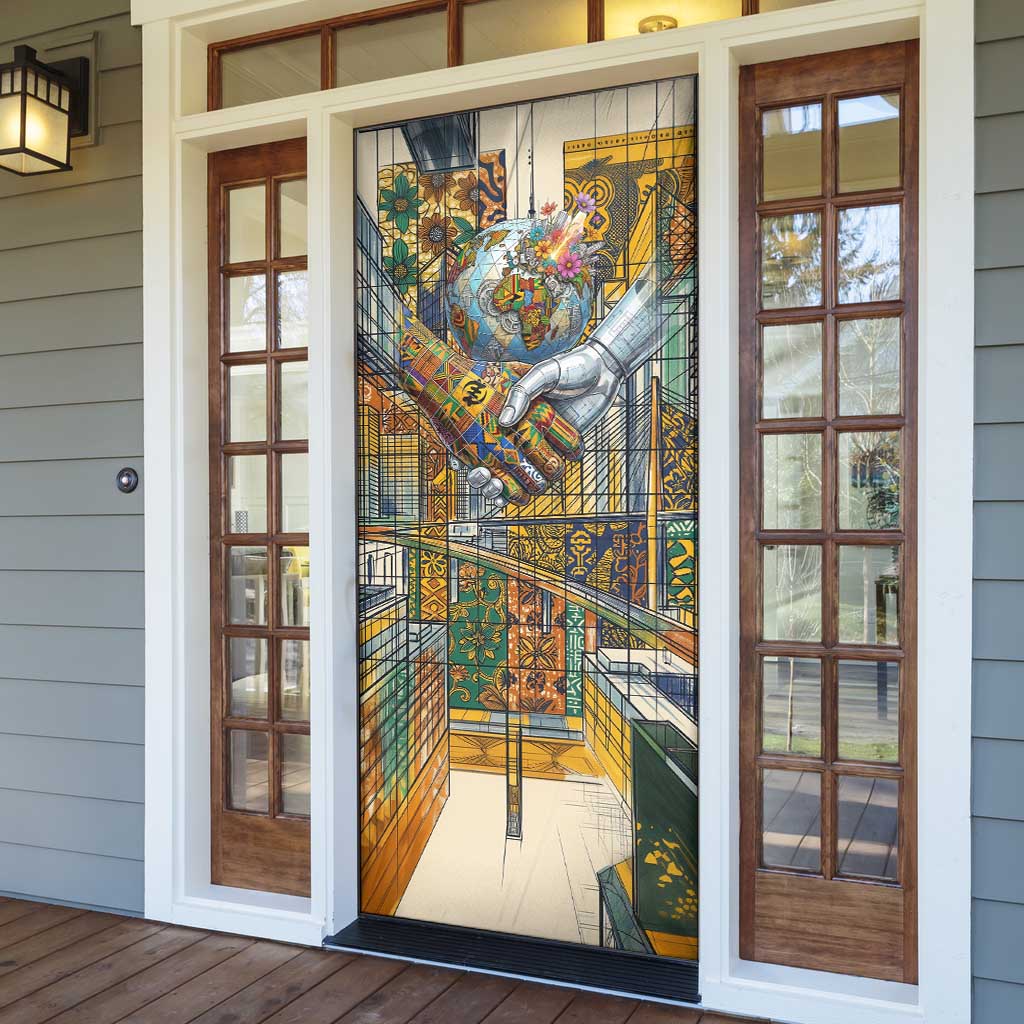 Léopold Sédar Senghor Door Cover President Poete Portrait Futuristic African Robotic Handshake Earth and Flowers Unity - African Pride