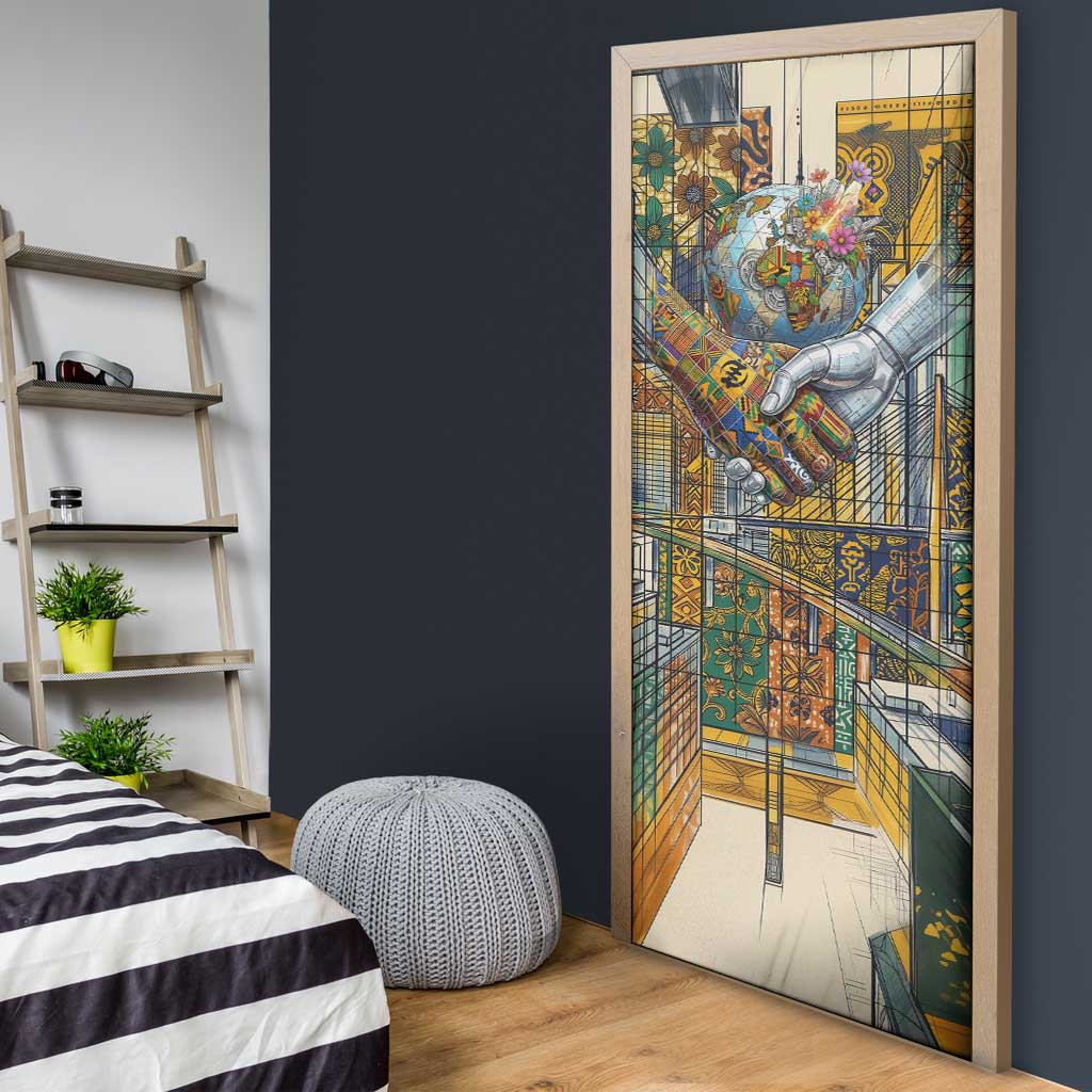 Léopold Sédar Senghor Door Cover President Poete Portrait Futuristic African Robotic Handshake Earth and Flowers Unity - African Pride