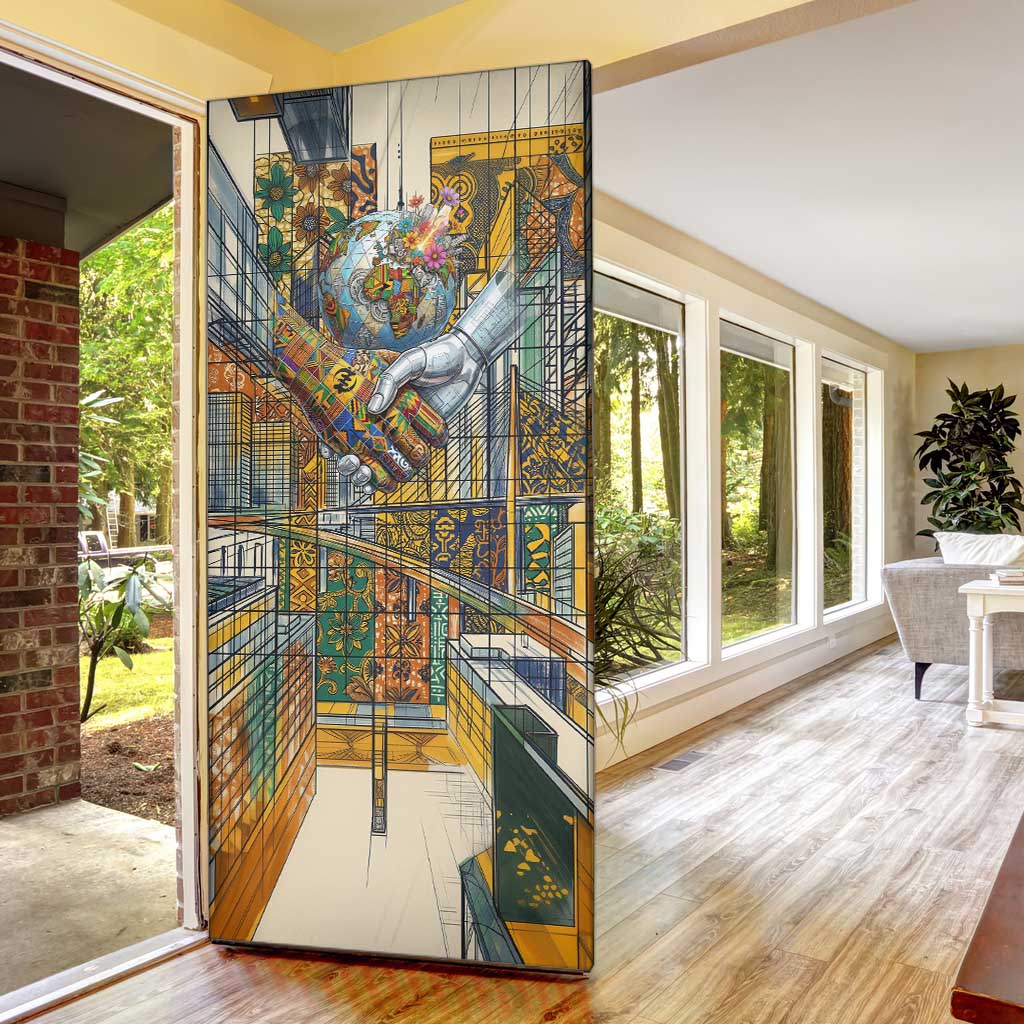 Léopold Sédar Senghor Door Cover President Poete Portrait Futuristic African Robotic Handshake Earth and Flowers Unity - African Pride
