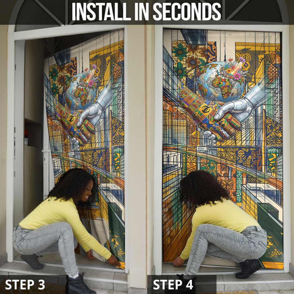 Léopold Sédar Senghor Door Cover President Poete Portrait Futuristic African Robotic Handshake Earth and Flowers Unity - African Pride
