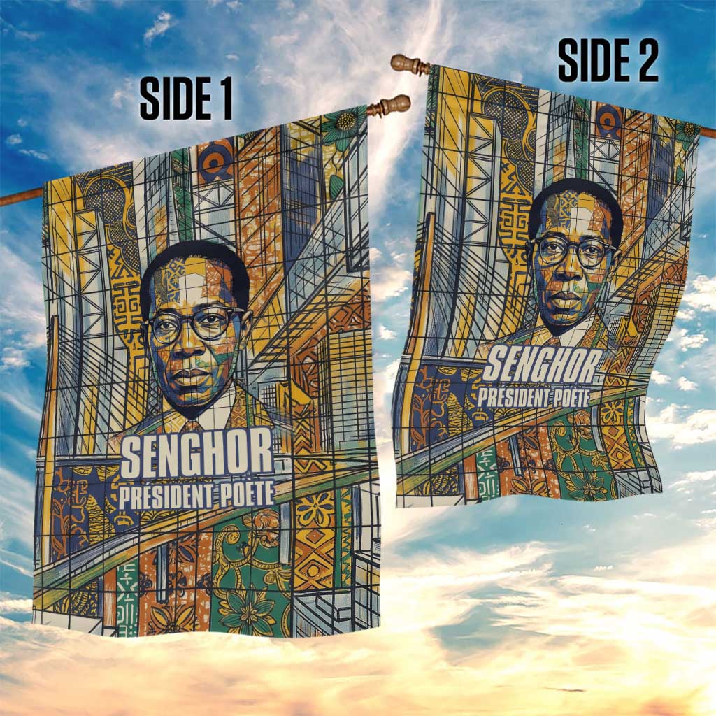 Léopold Sédar Senghor Garden Flag President Poete Portrait Futuristic African Robotic Handshake Earth and Flowers Unity - African Pride