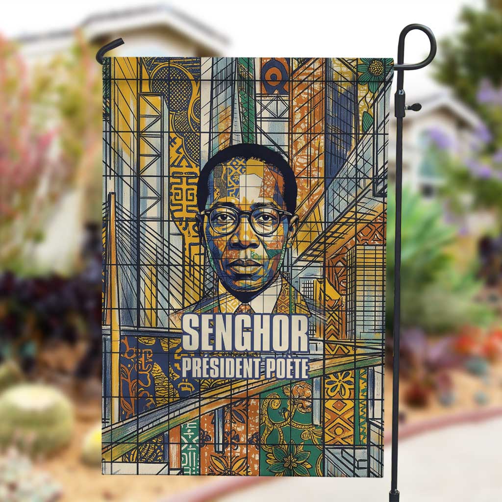 Léopold Sédar Senghor Garden Flag President Poete Portrait Futuristic African Robotic Handshake Earth and Flowers Unity - African Pride