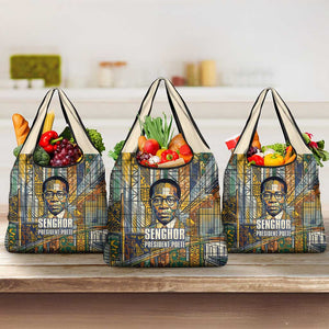 Léopold Sédar Senghor Grocery Bag President Poete Portrait Futuristic African Robotic Handshake Earth and Flowers Unity - African Pride