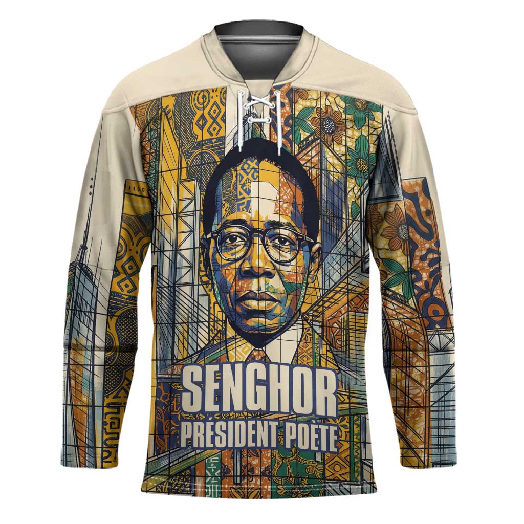 Léopold Sédar Senghor Hockey Jersey President Poete Portrait Futuristic African Robotic Handshake Earth and Flowers Unity - African Pride