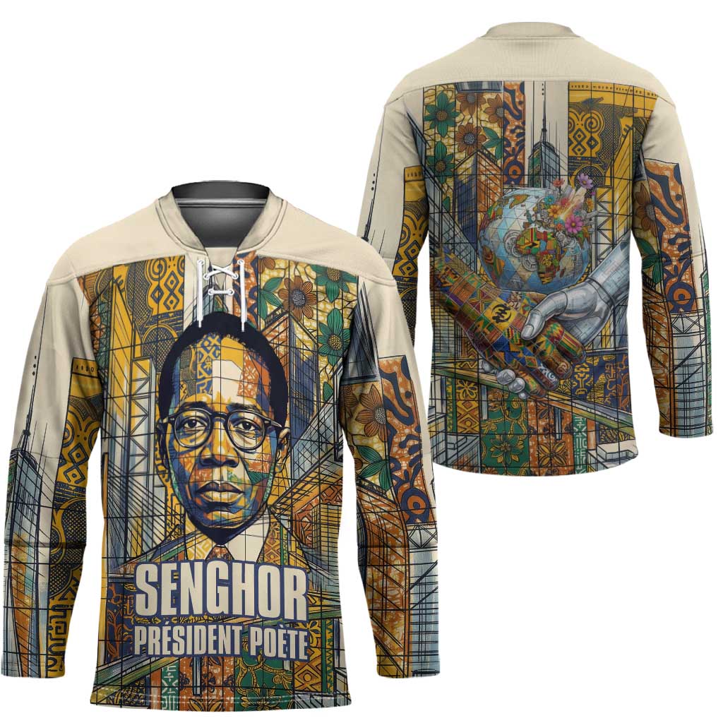 Léopold Sédar Senghor Hockey Jersey President Poete Portrait Futuristic African Robotic Handshake Earth and Flowers Unity - African Pride