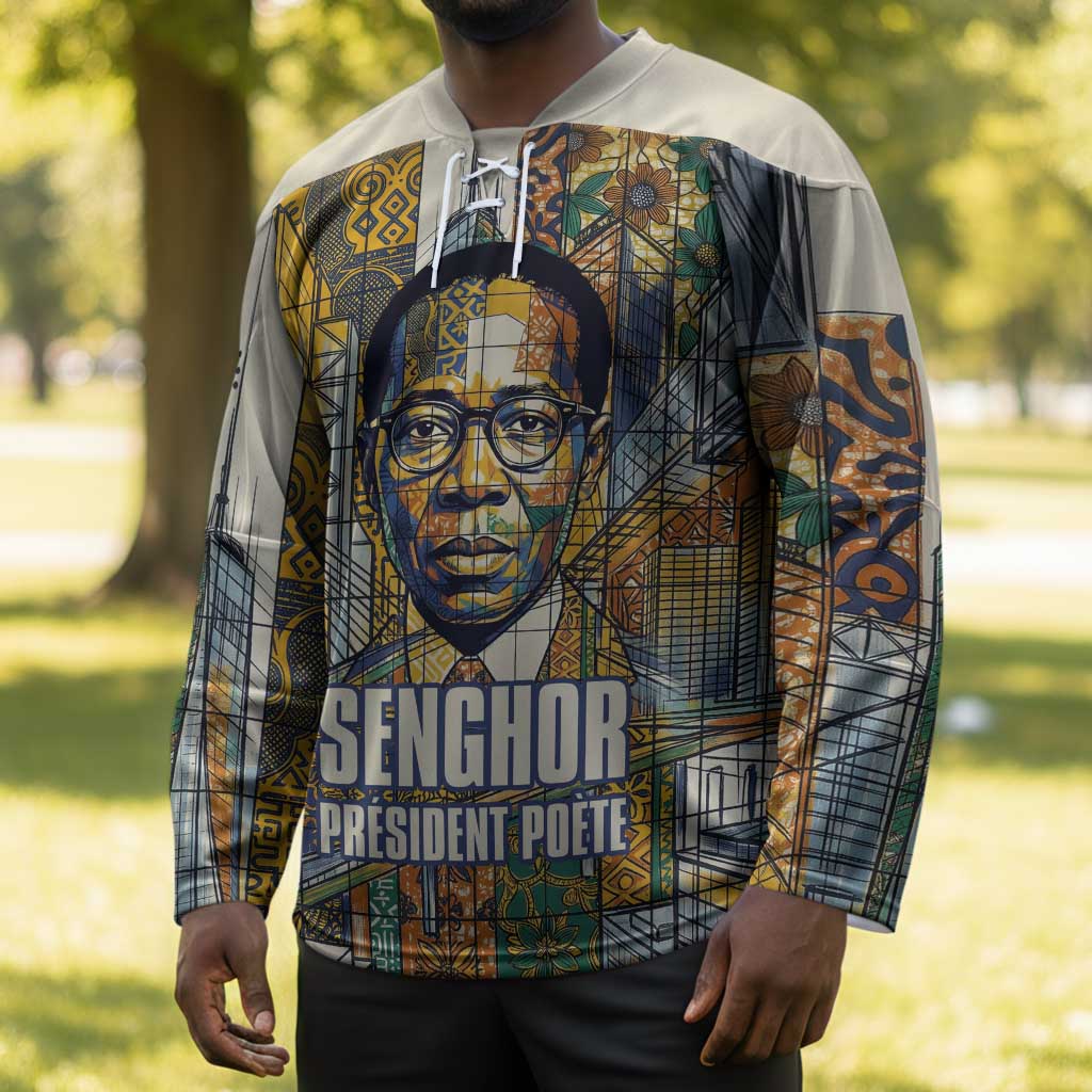 Léopold Sédar Senghor Hockey Jersey President Poete Portrait Futuristic African Robotic Handshake Earth and Flowers Unity - African Pride