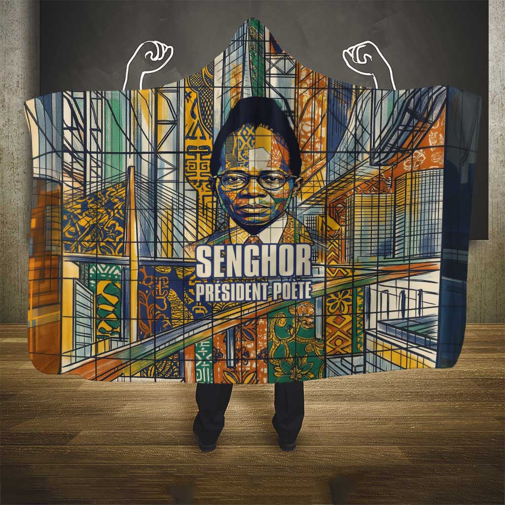 Léopold Sédar Senghor Hooded Blanket President Poete Portrait Futuristic African Robotic Handshake Earth and Flowers Unity - African Pride