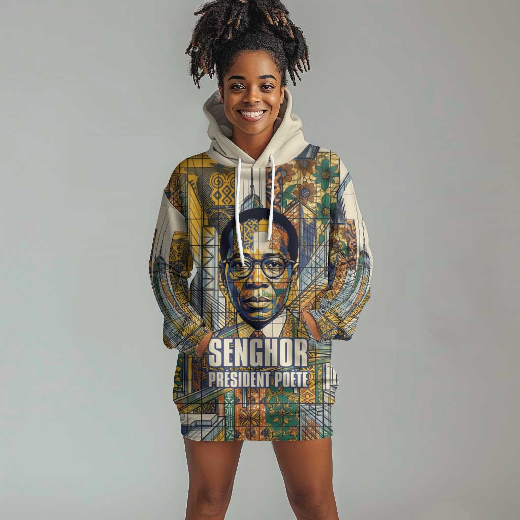 Léopold Sédar Senghor Hoodie Dress President Poete Portrait Futuristic African Robotic Handshake Earth and Flowers Unity - African Pride