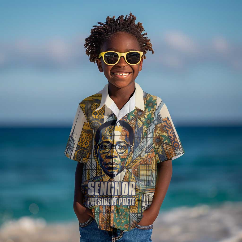 Léopold Sédar Senghor Kid Hawaiian Shirt President Poete Portrait Futuristic African Robotic Handshake Earth and Flowers Unity - African Pride