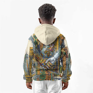 Léopold Sédar Senghor Kid Hoodie President Poete Portrait Futuristic African Robotic Handshake Earth and Flowers Unity - African Pride