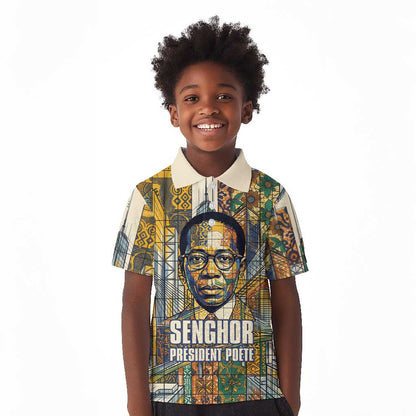 Léopold Sédar Senghor Kid Polo Shirt President Poete Portrait Futuristic African Robotic Handshake Earth and Flowers Unity - African Pride