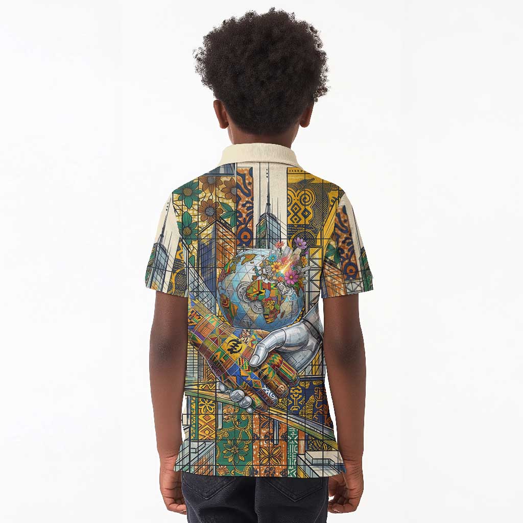 Léopold Sédar Senghor Kid Polo Shirt President Poete Portrait Futuristic African Robotic Handshake Earth and Flowers Unity - African Pride