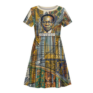 Léopold Sédar Senghor Kid Short Sleeve Dress President Poete Portrait Futuristic African Robotic Handshake Earth and Flowers Unity - African Pride