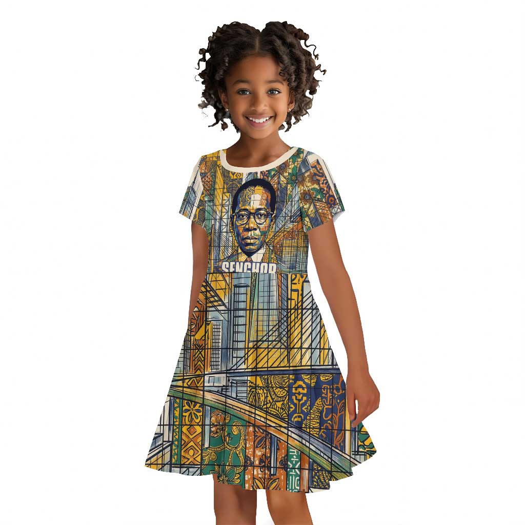 Léopold Sédar Senghor Kid Short Sleeve Dress President Poete Portrait Futuristic African Robotic Handshake Earth and Flowers Unity - African Pride
