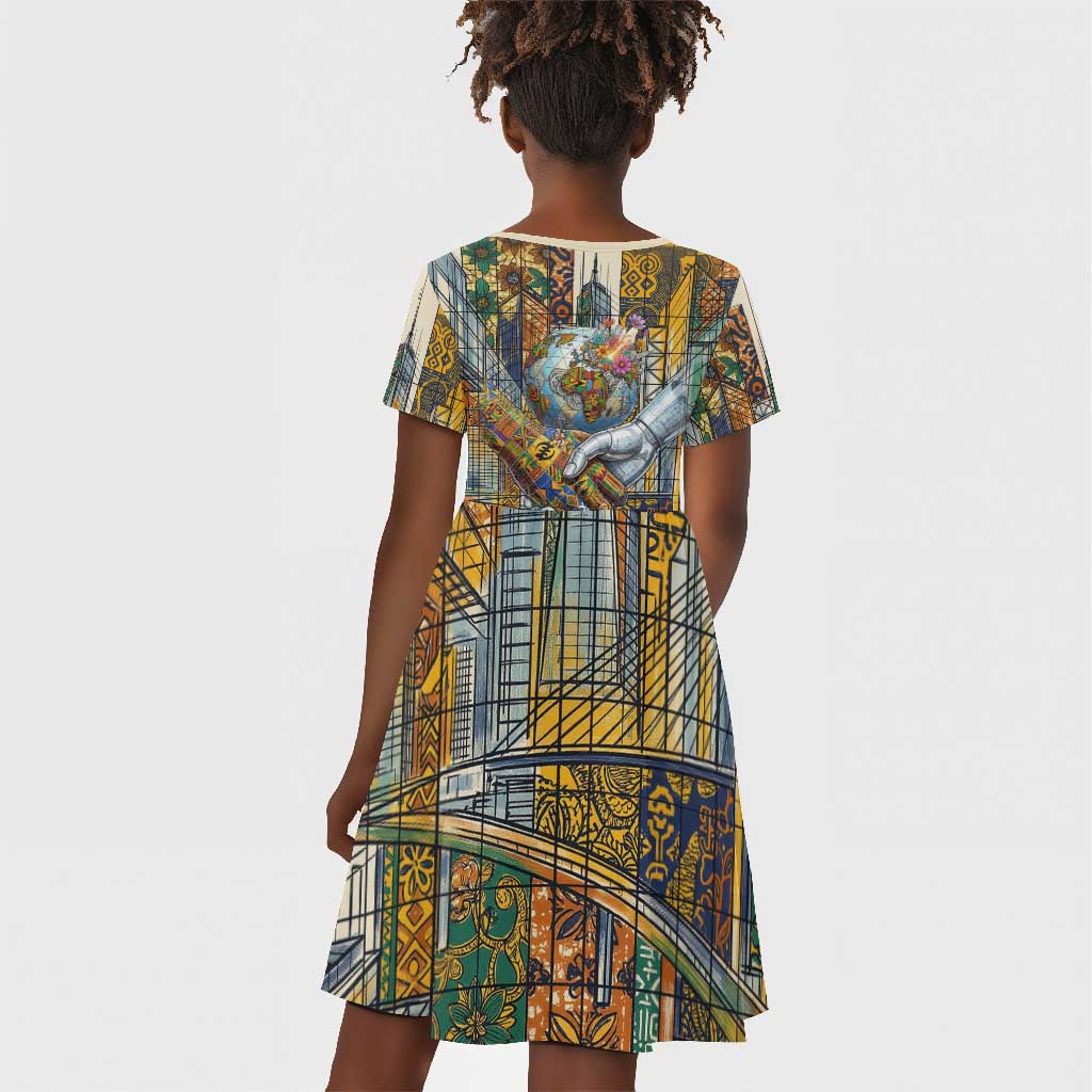 Léopold Sédar Senghor Kid Short Sleeve Dress President Poete Portrait Futuristic African Robotic Handshake Earth and Flowers Unity - African Pride