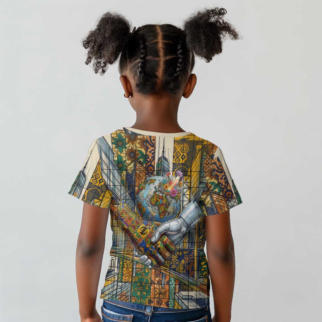 Léopold Sédar Senghor Kid T shirt President Poete Portrait Futuristic African Robotic Handshake Earth and Flowers Unity - African Pride
