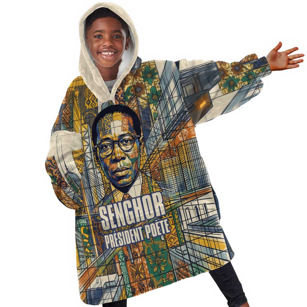 Léopold Sédar Senghor Kid Wearable Blanket Hoodie President Poete Portrait Futuristic African Robotic Handshake Earth and Flowers Unity - African Pride