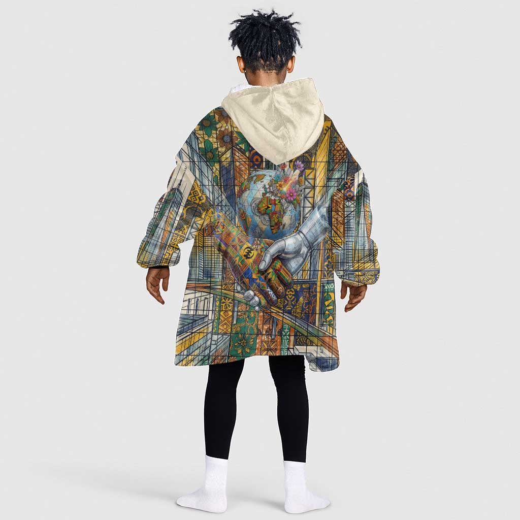 Léopold Sédar Senghor Kid Wearable Blanket Hoodie President Poete Portrait Futuristic African Robotic Handshake Earth and Flowers Unity - African Pride