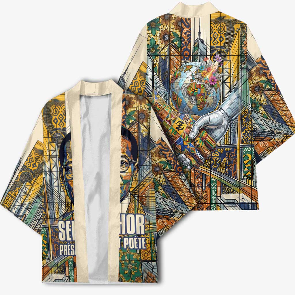 Léopold Sédar Senghor Kimono President Poete Portrait Futuristic African Robotic Handshake Earth and Flowers Unity - African Pride