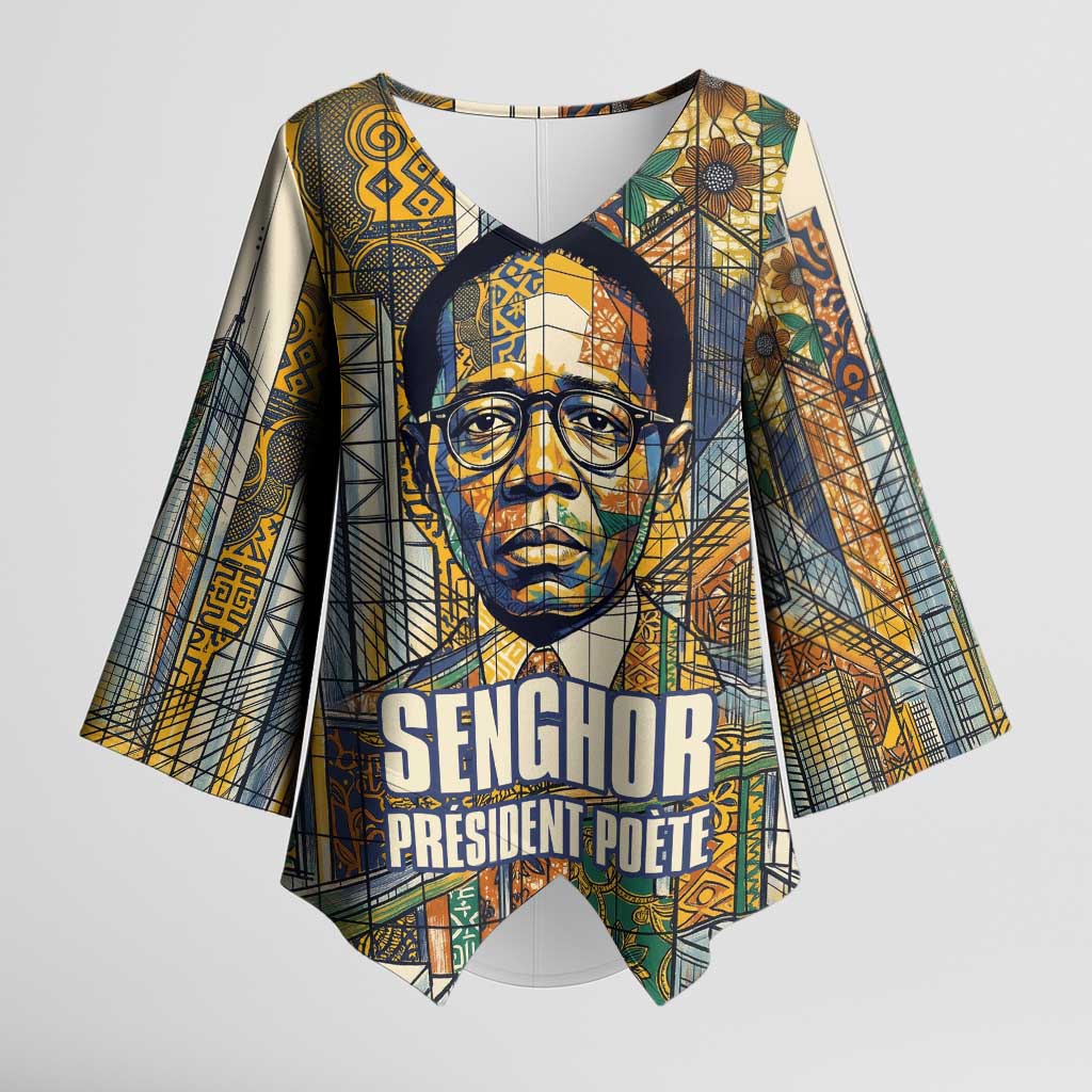 Léopold Sédar Senghor Kimono Sleeve Blouse President Poete Portrait Futuristic African Robotic Handshake Earth and Flowers Unity - African Pride