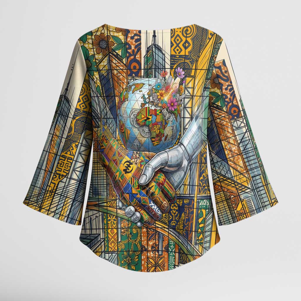 Léopold Sédar Senghor Kimono Sleeve Blouse President Poete Portrait Futuristic African Robotic Handshake Earth and Flowers Unity - African Pride